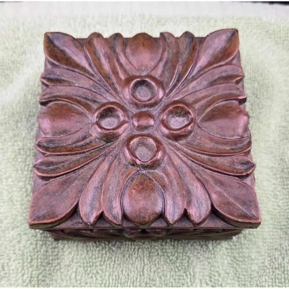 Jewelry Trinket Box With Floral Design Brown Finish 4 x 4